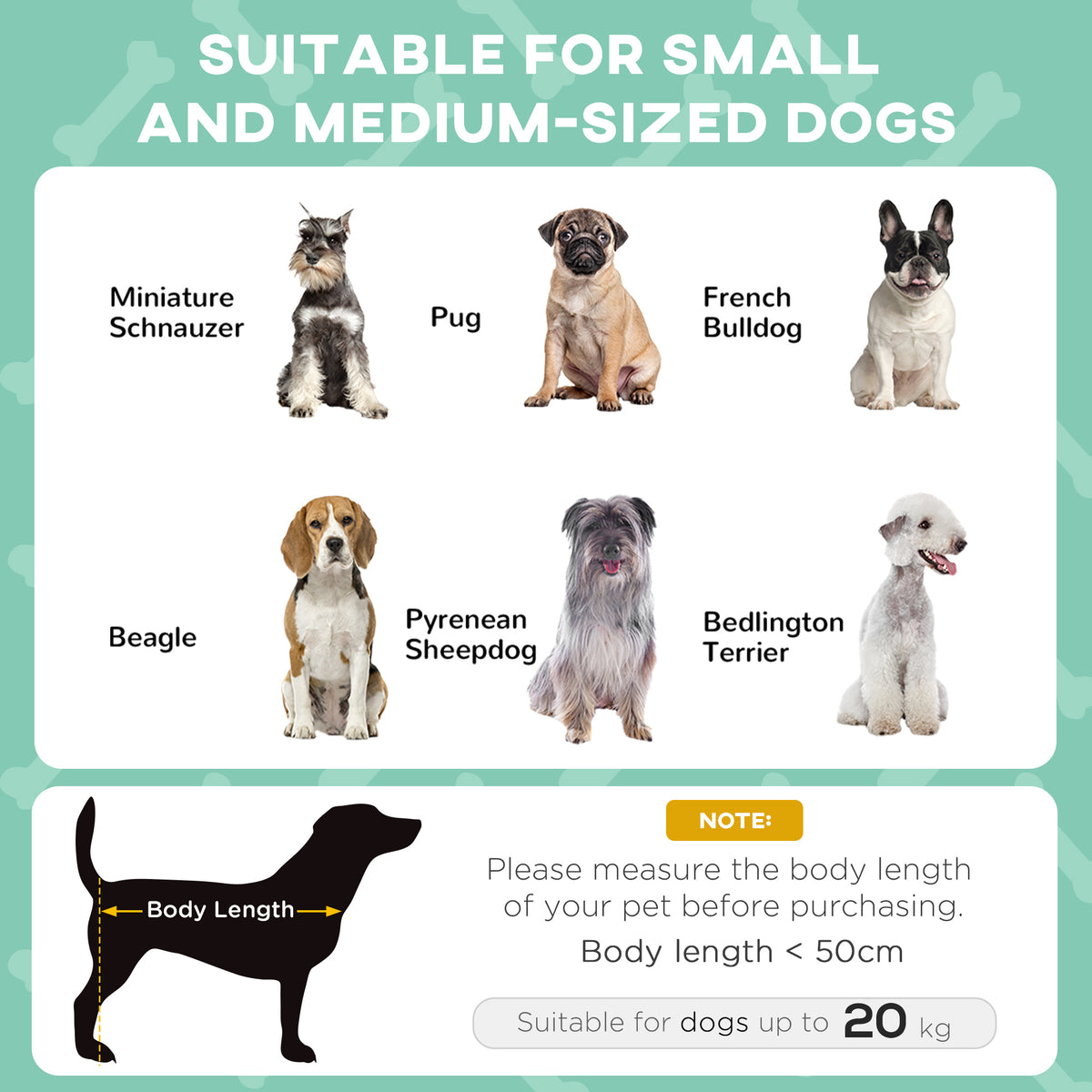Raised pet bed sized for small and medium dogs, with a body length guide under 50 cm