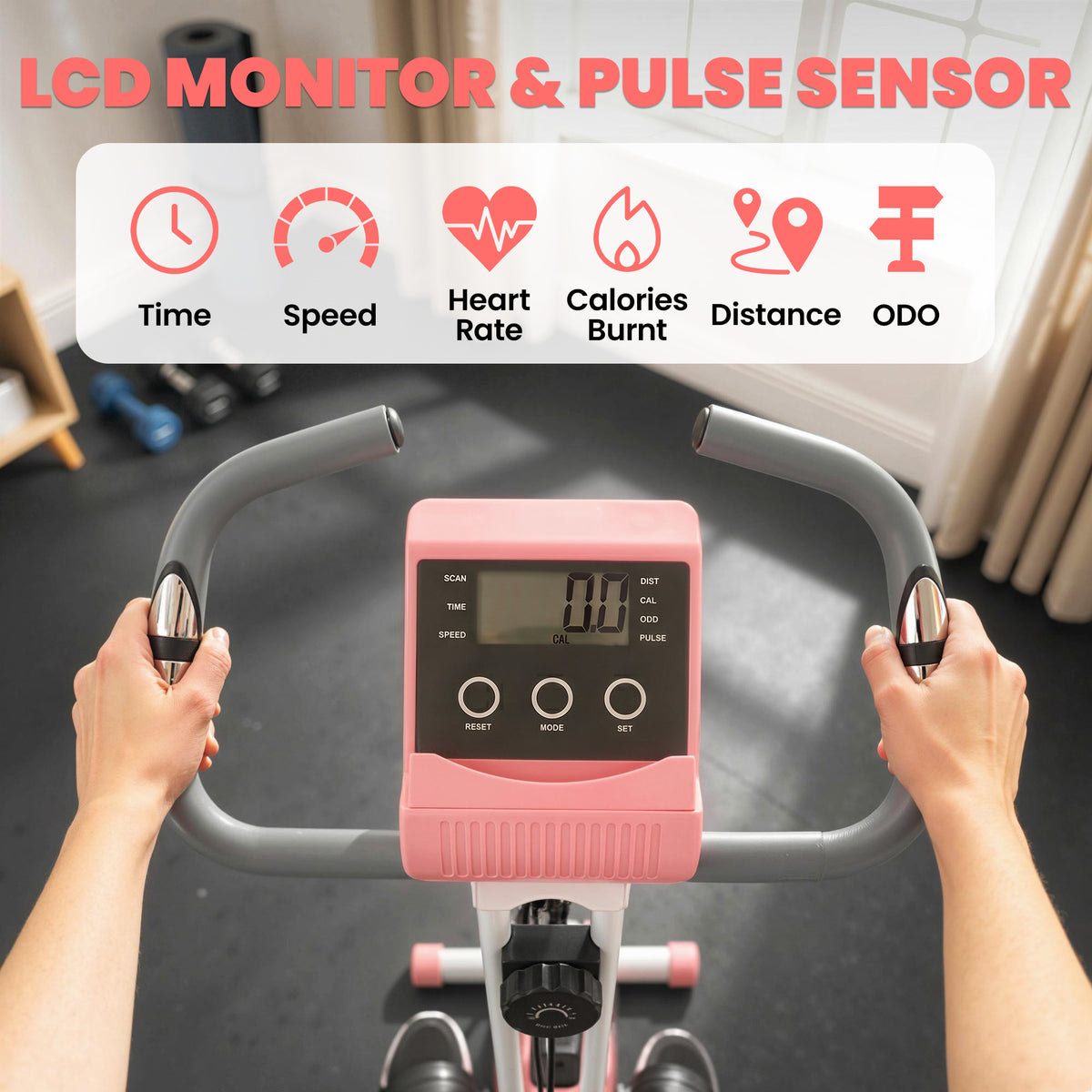 Pink exercise bike LCD monitor between handlebars, with pulse sensors on the grips.
