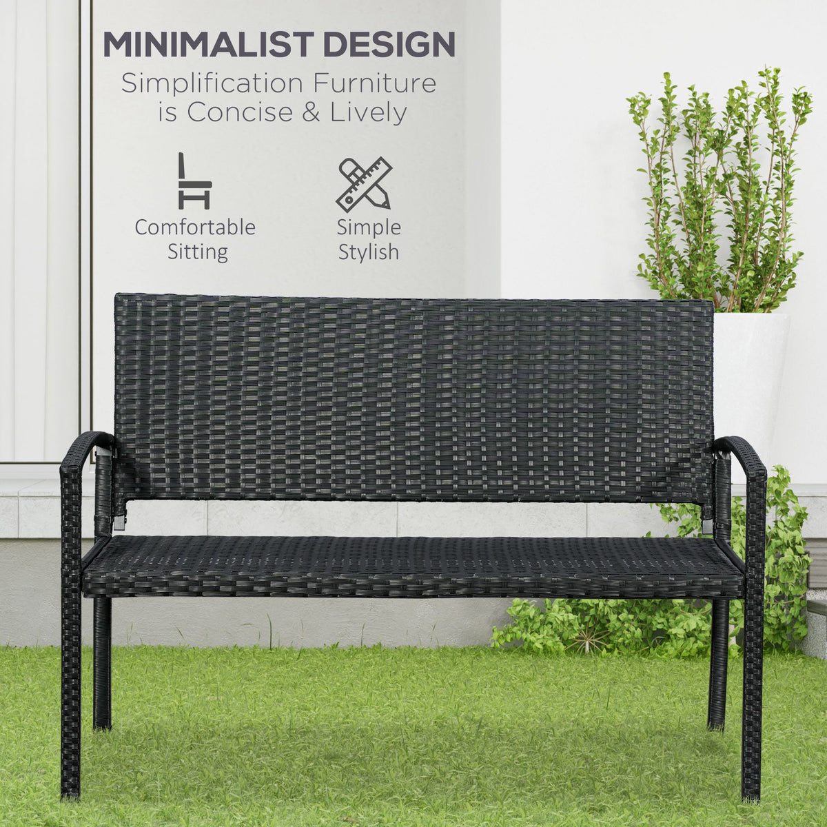 Front view of black woven garden loveseat with a broad backrest and armrests