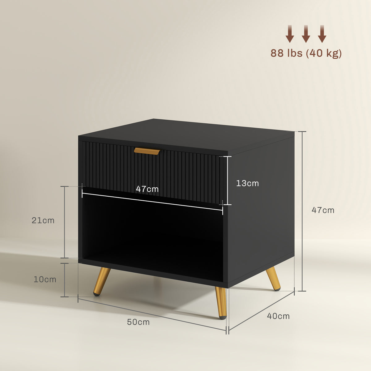 Black bedside table with gold-tone legs, drawer, open shelf, and 50 x 40 x 47 cm dimensions
