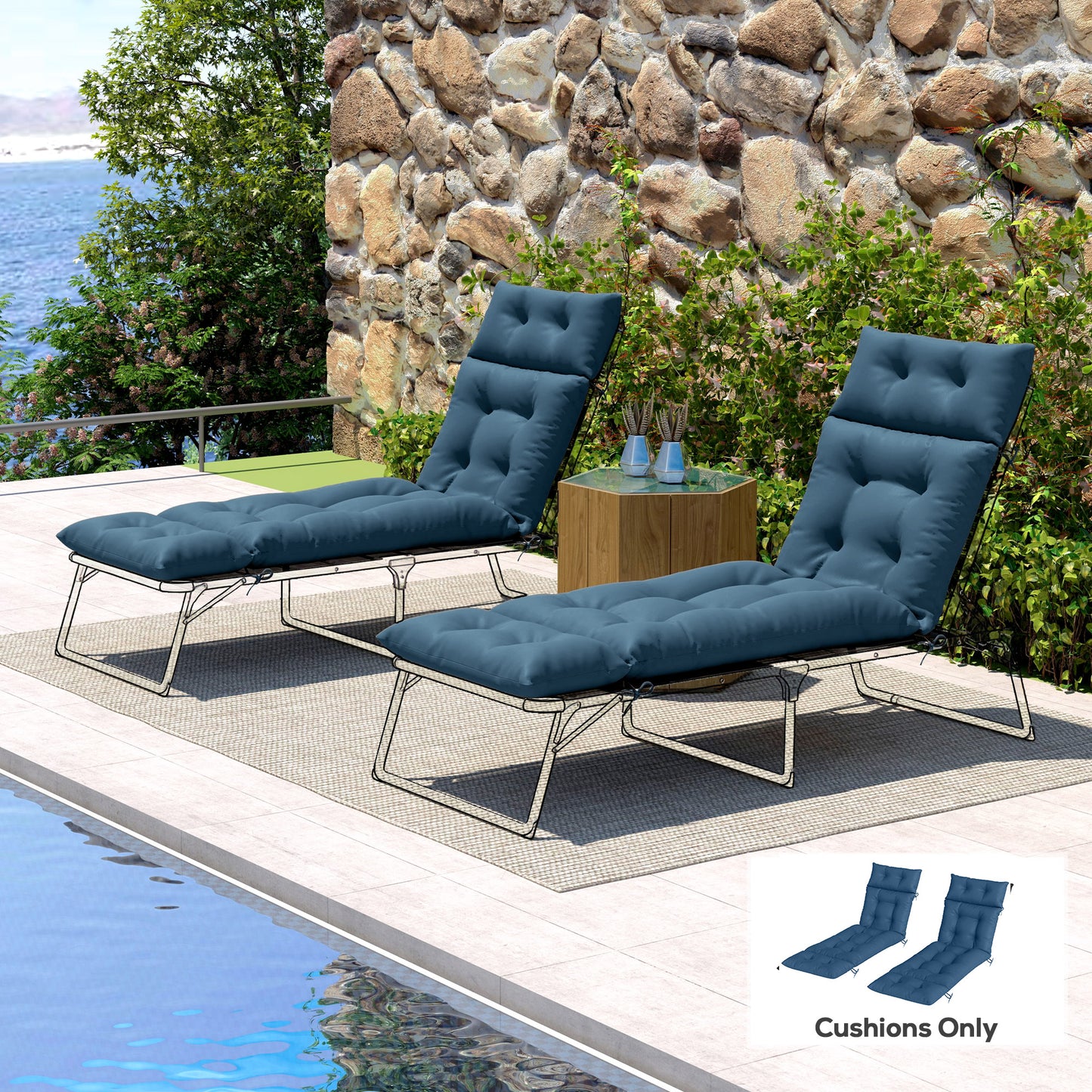 Outsunny Set of Two 190 x 56cm Sun Lounger Cushions - Navy Blue