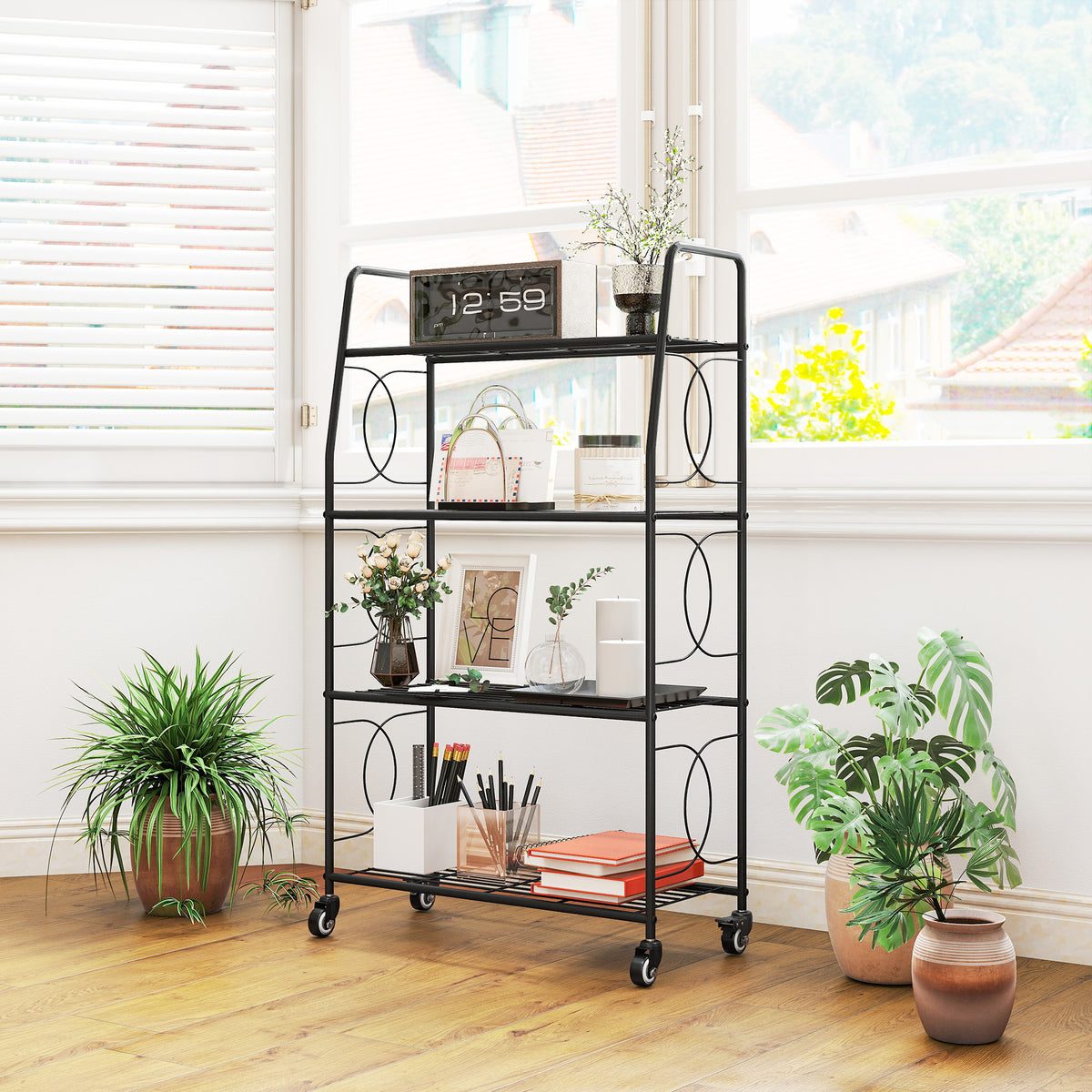 Outsunny 4-Tier Metal Plant Stand, Heavy Duty Ladder Shelf Potted Plants Display Rack with Lockable Wheels