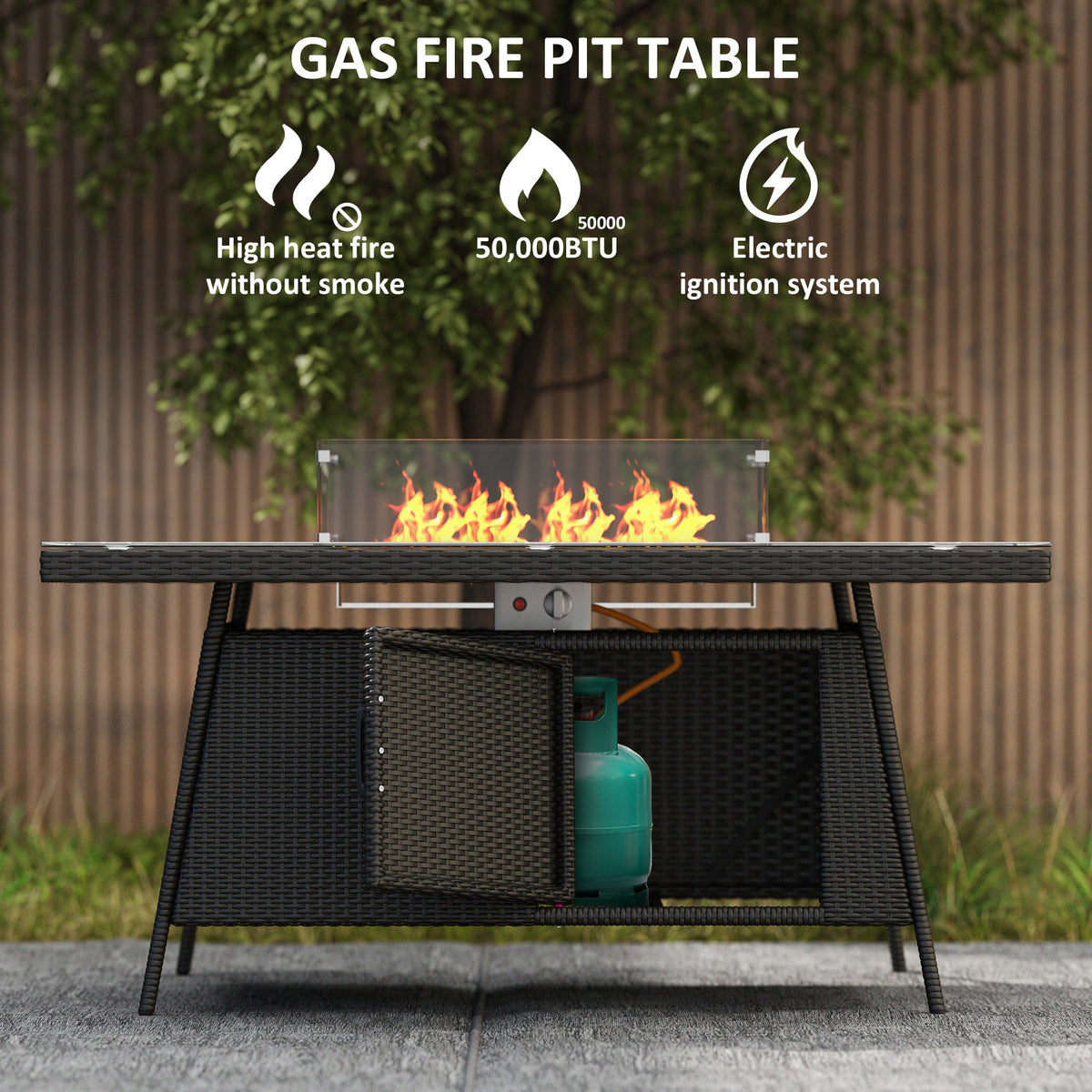 Black rattan gas fire pit table with glass windscreen and 50,000 BTU burner