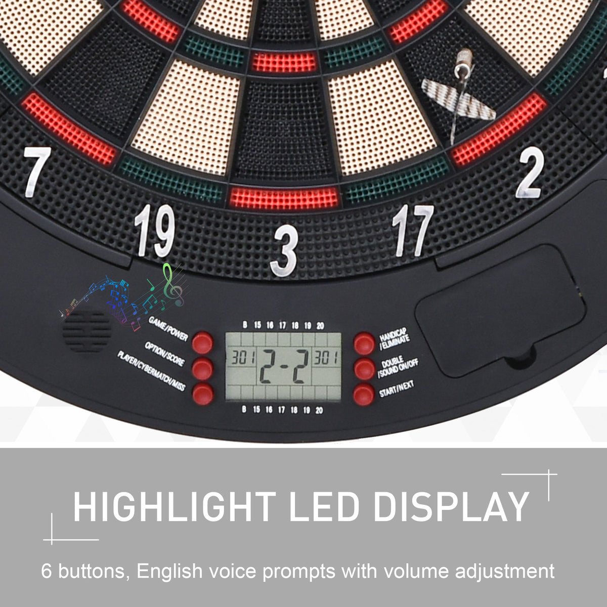 HOMCOM electronic dartboard close-up showing LED score display and control buttons