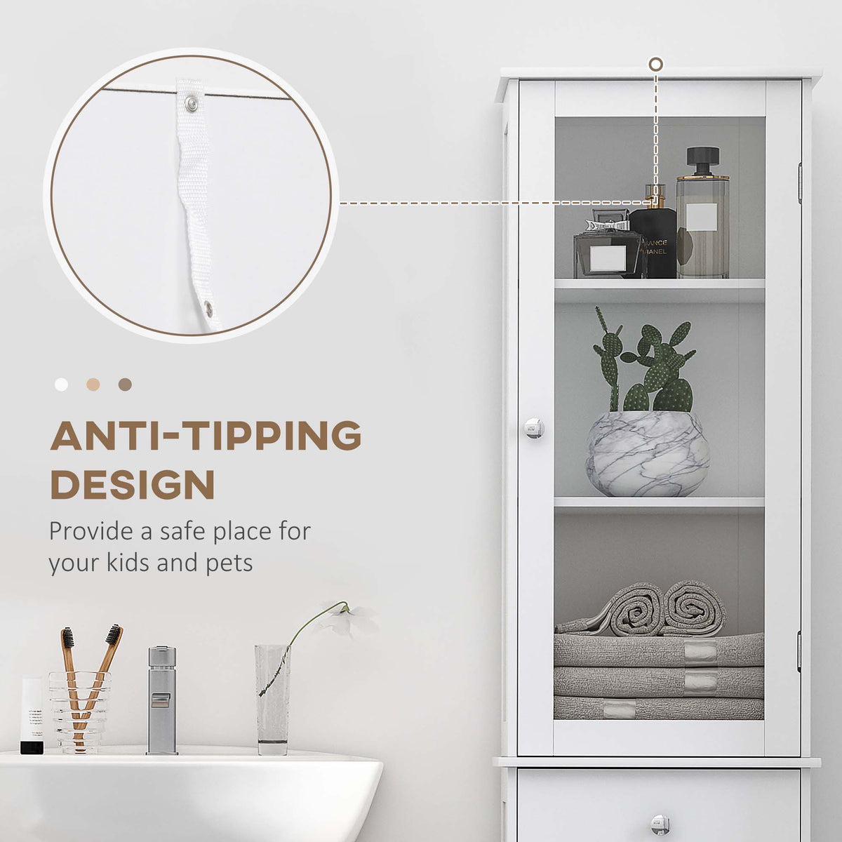 White bathroom cabinet with clear door, shelves, drawer, and anti-tip wall strap