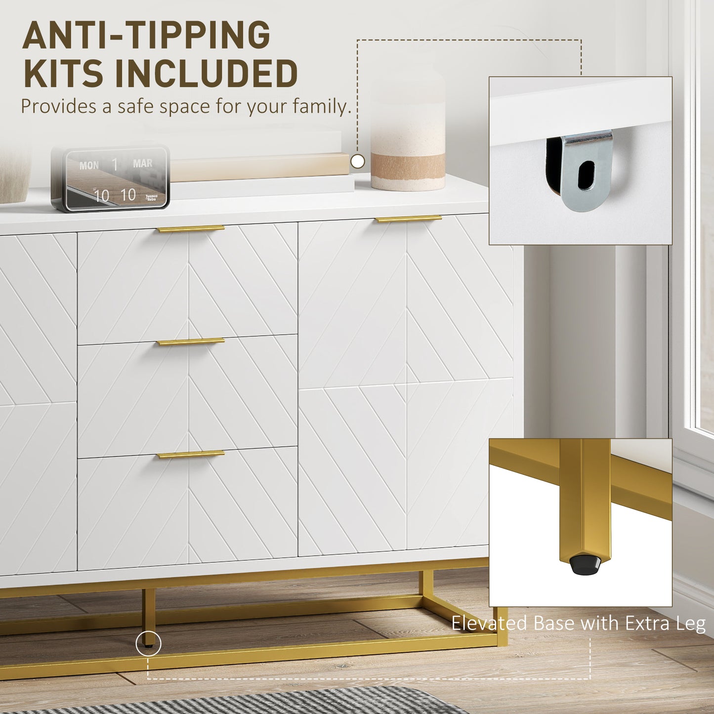 White sideboard with gold-tone metal base and anti-tip hardware detail