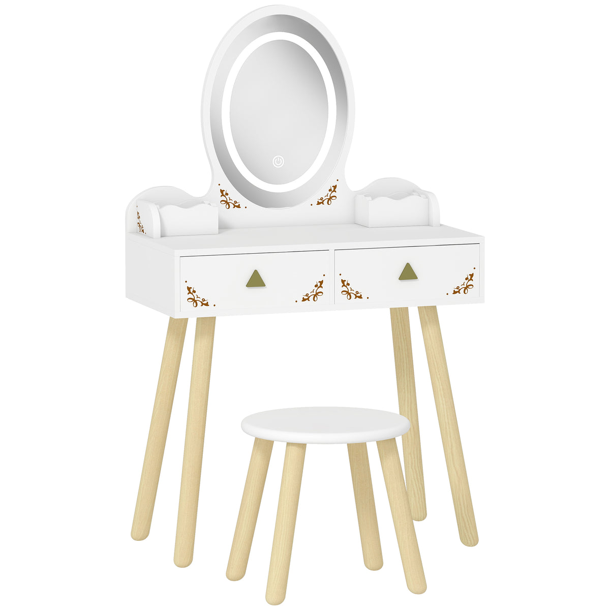 Photo of AIYAPLAY Kids Vanity Table and Chair Set with 3-Colour LED Lights Mirror, Drawer, Storage Boxes, for 3+ Years, White in White colour on a white background
