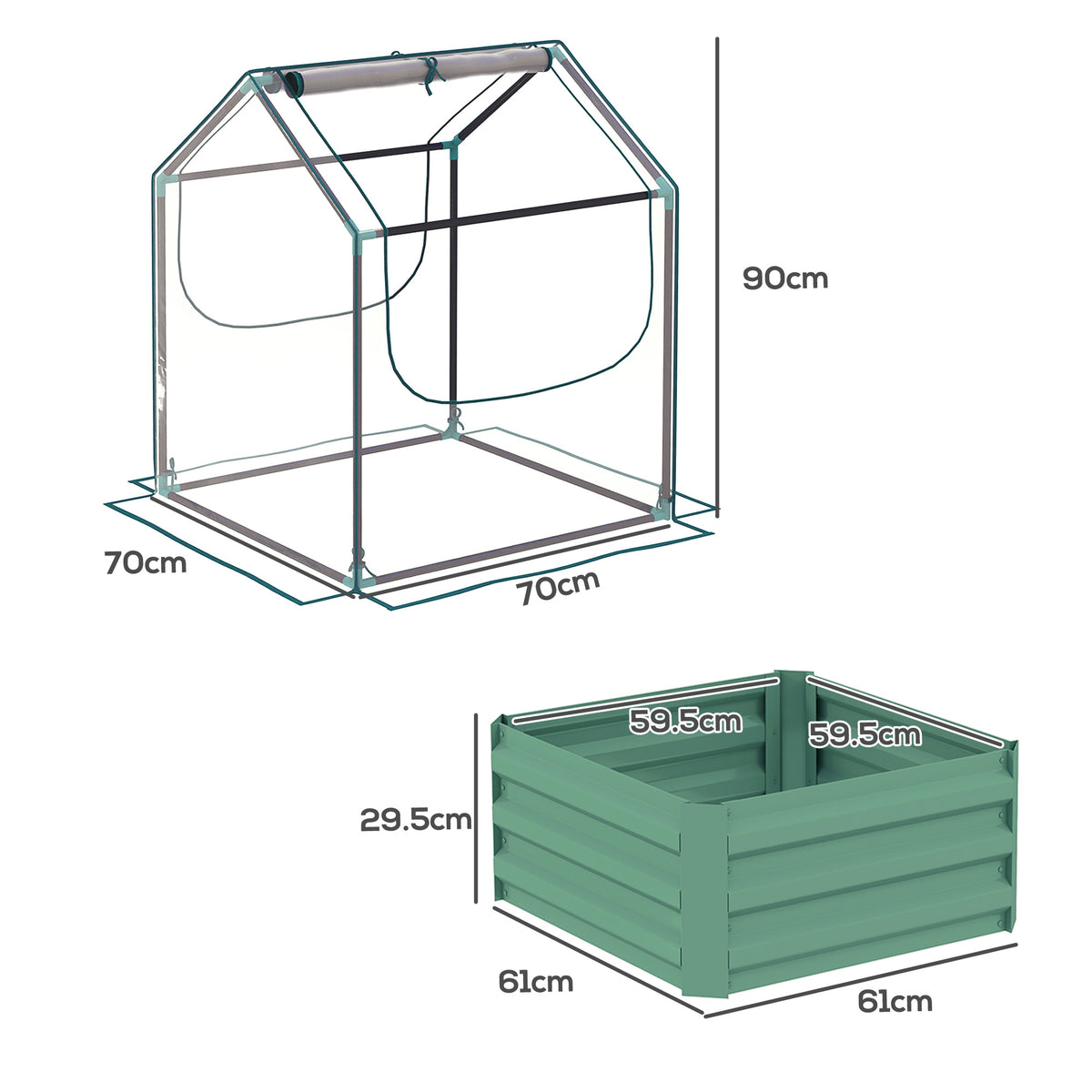 Green planter bed and greenhouse cover with dimensions shown