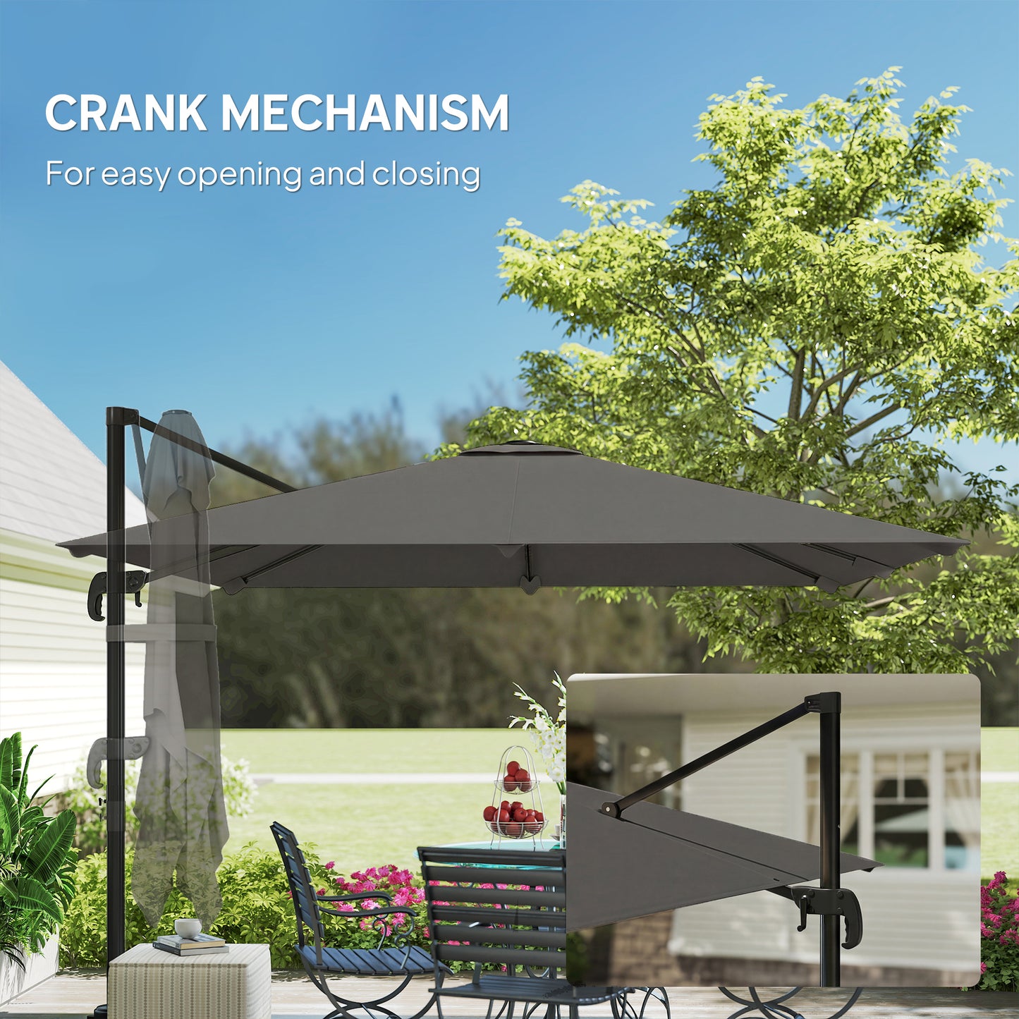 Outsunny 3 x 3 m Cantilever Parasol, Square Patio Umbrella with Crank Handle, Cross Base, Tilt, 360° Rotation, Dark Grey