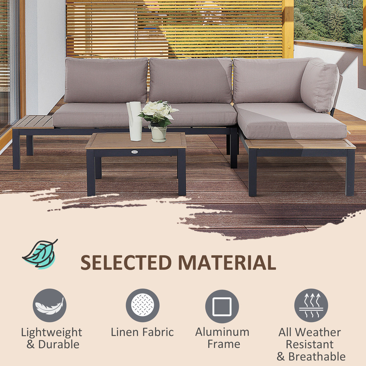 Outsunny outdoor corner sofa set with gray cushions, aluminum frames, and slatted tables