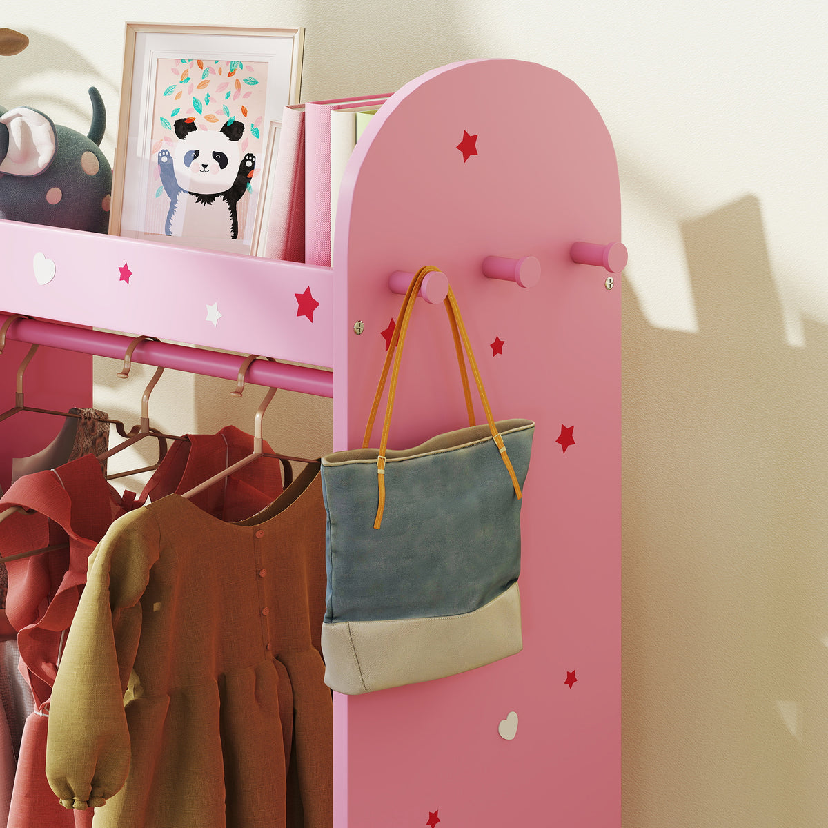 AIYAPLAY Kids Clothes Rail, Kids Wardrobe with Mirror, Shelves, Fabric Storage and Hooks for Bedroom, Nursery, Pink