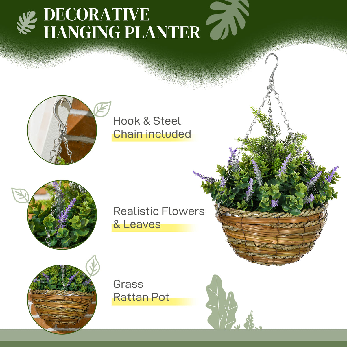 Artificial lavender hanging basket with purple flowers, green leaves, steel chains, and rattan pot