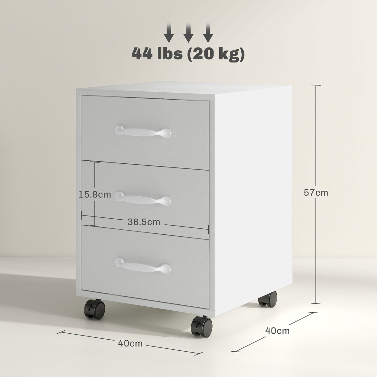HOMCOM white mobile file cabinet with three drawers and size dimensions