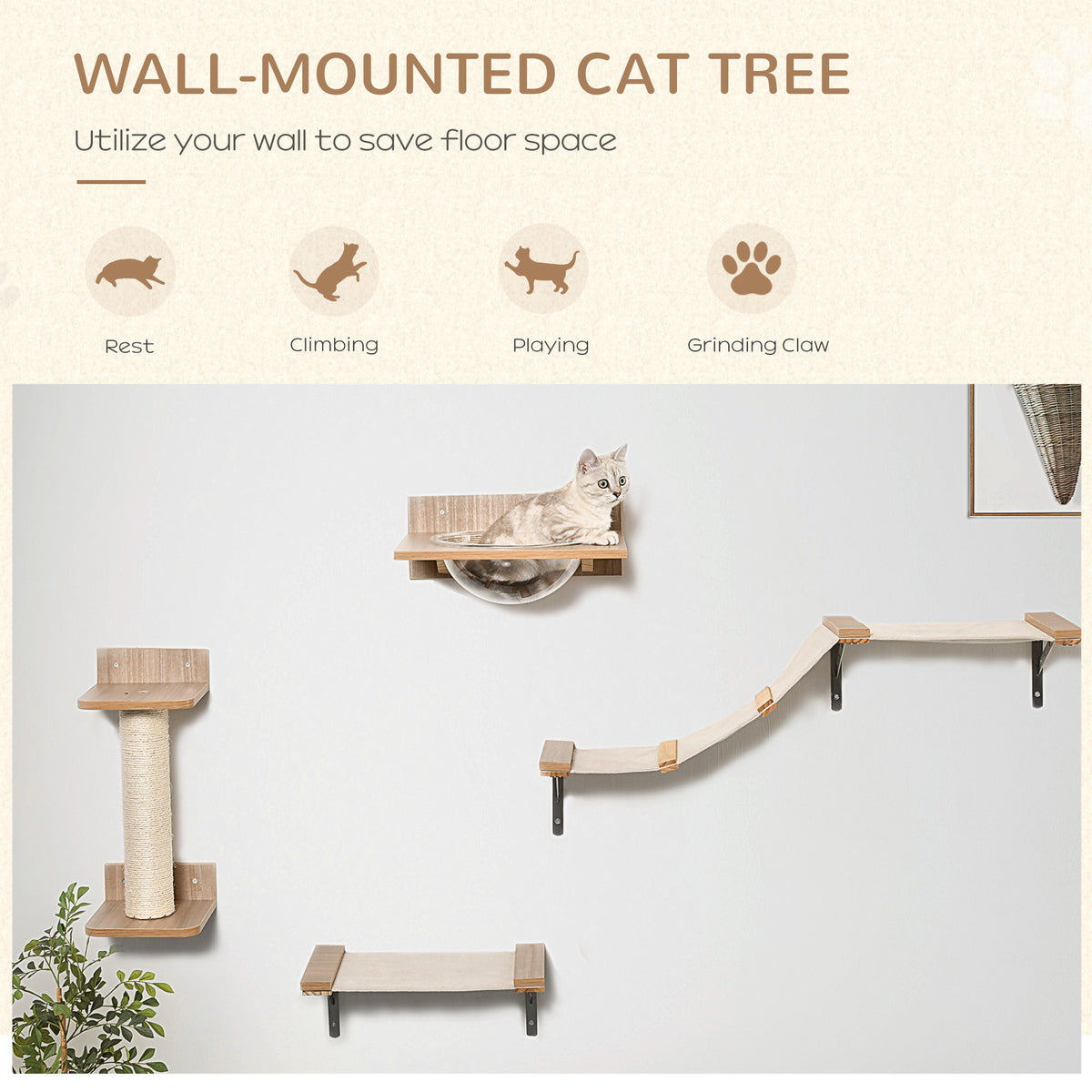 Wall-mounted cat climbing set with hammock, sisal post, and platforms; cat resting in perch