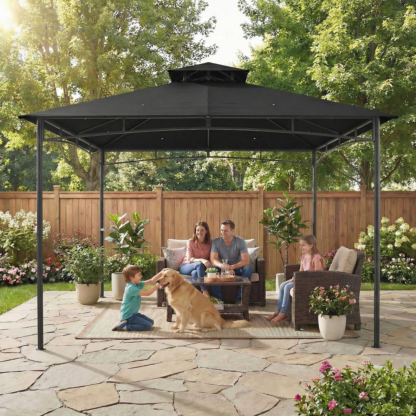 Outsunny 3 x 3 m Gazebo, Garden Gazebo with 2-Tier Roof, Metal Frame, Black
