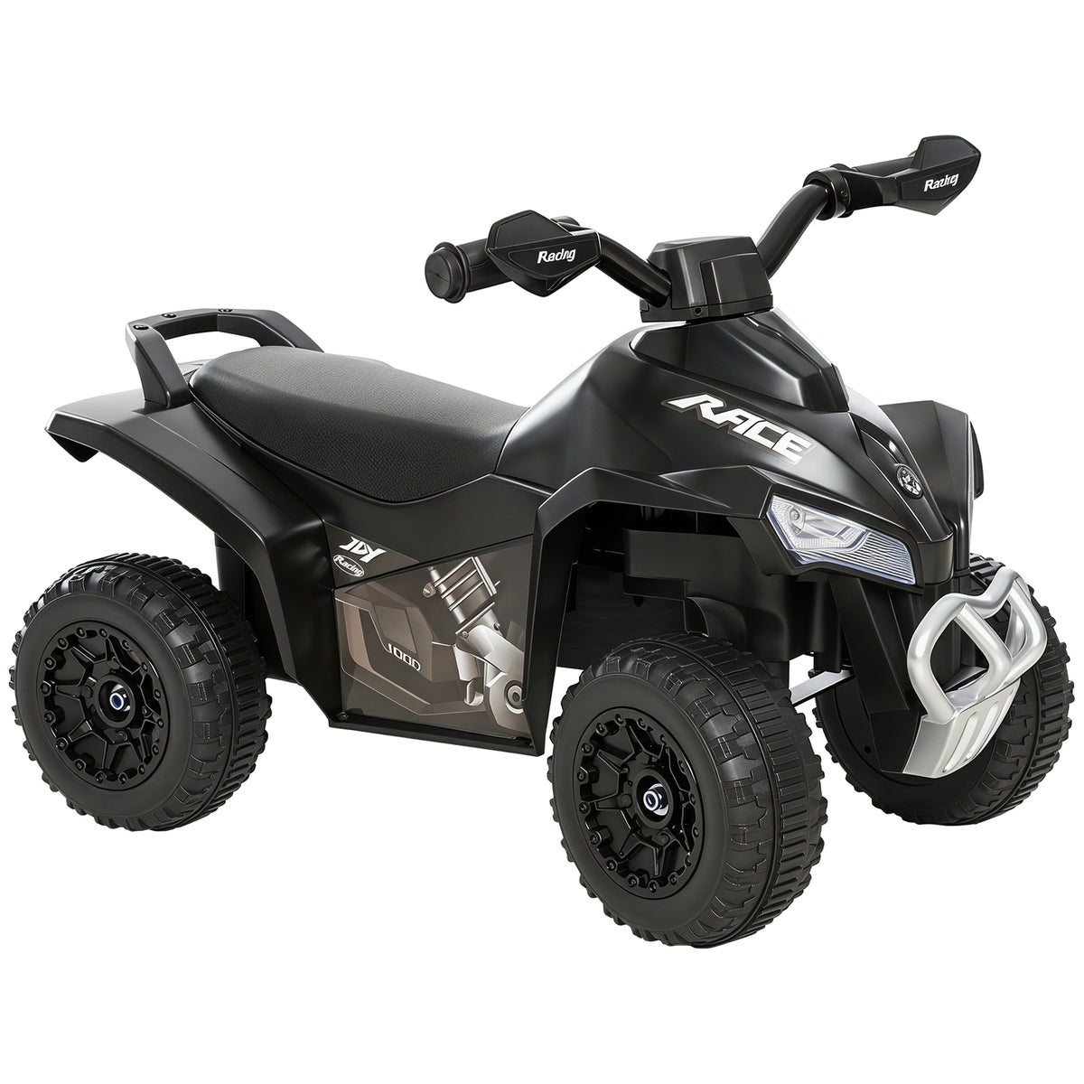 Black foot-to-floor ride-on quad with chunky tires and a silver front bumper.