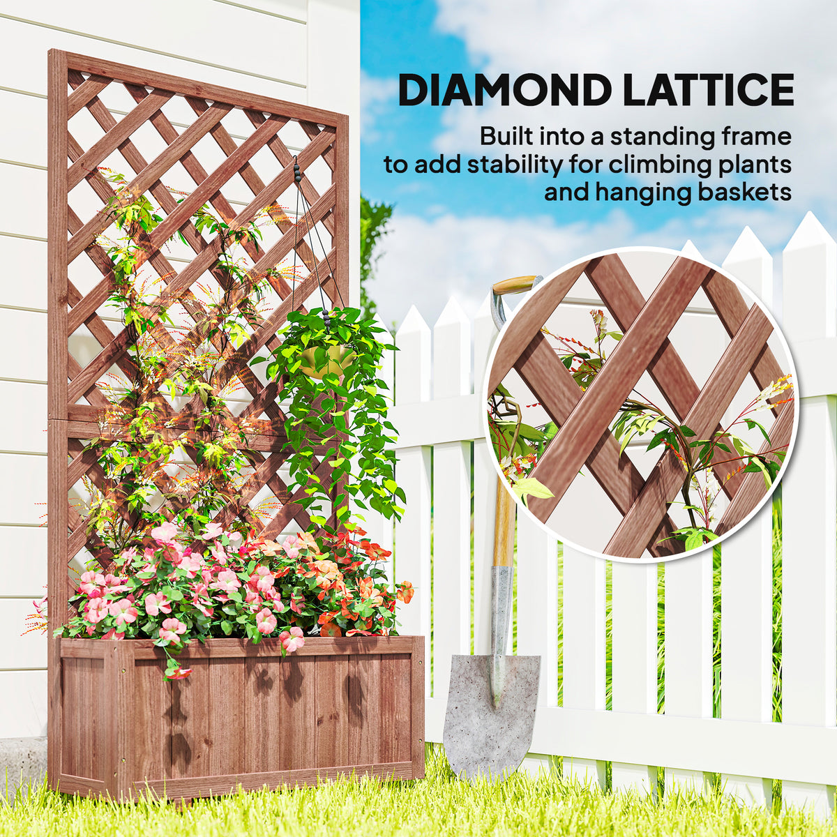 Outsunny wooden raised planter with diamond trellis, shown with climbing vines and flowers