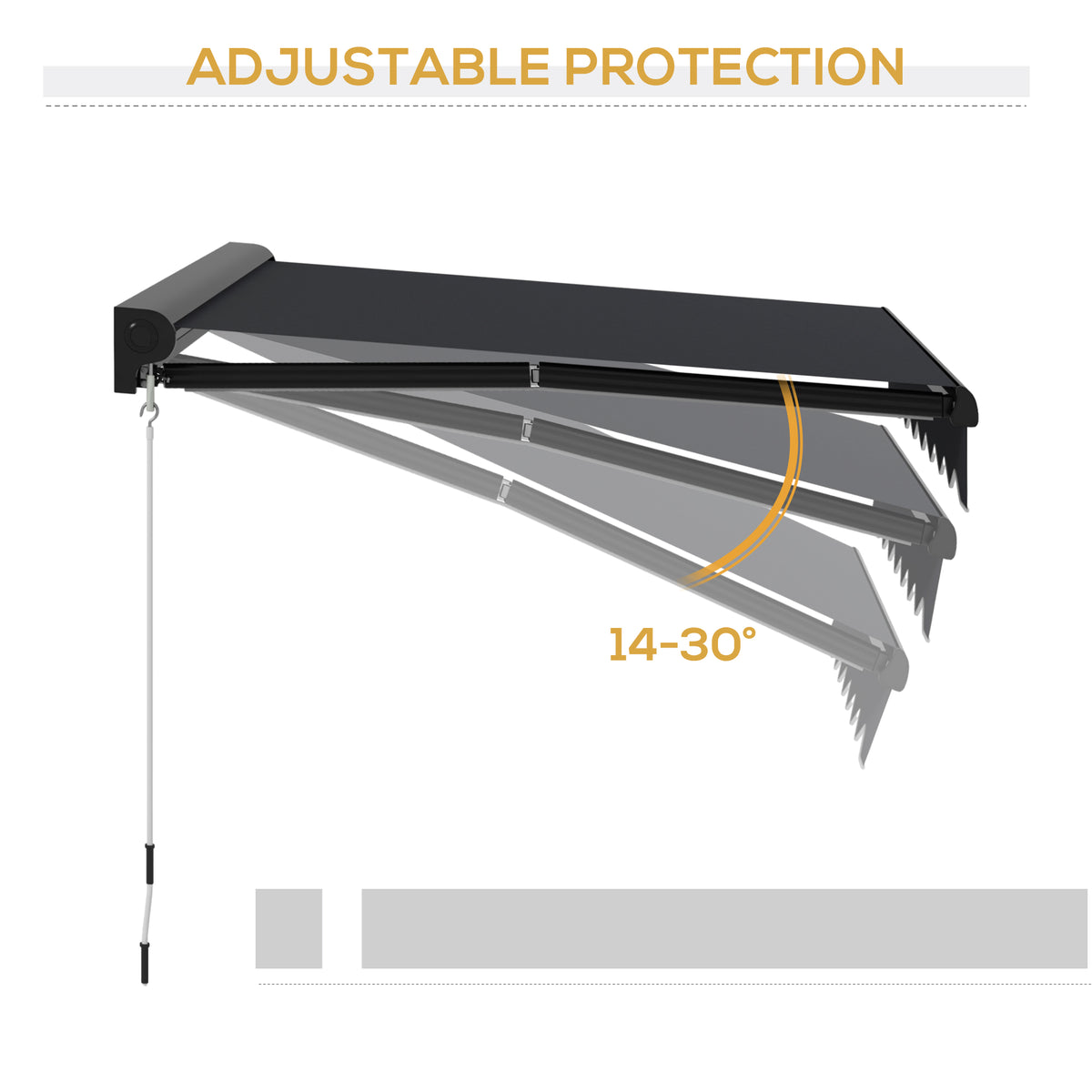 Grey retractable awning shown at adjustable angles from 14 to 30 degrees