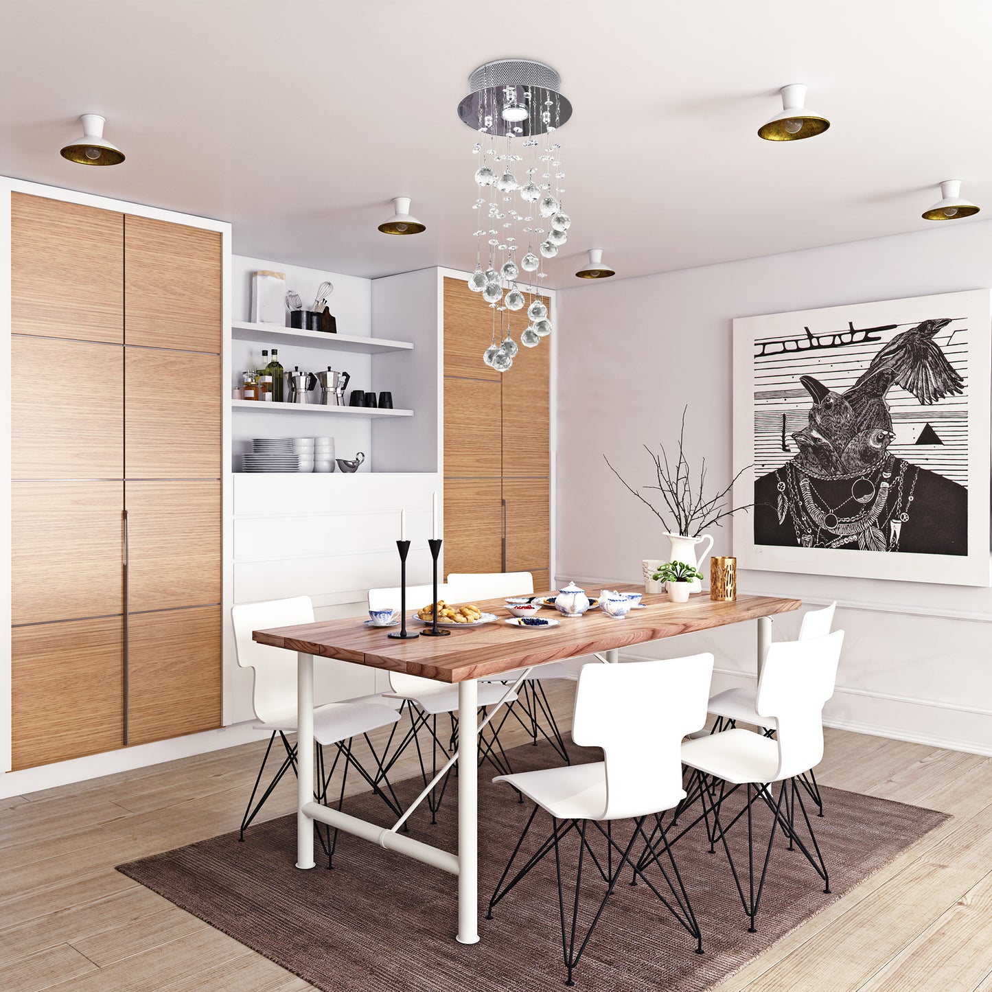 HOMCOM Metal Crystal Ceiling Light Chandelier Elegant Pendant Lamp Living Room Stairway Spiral Rain Drop Pendant Lamp Silver