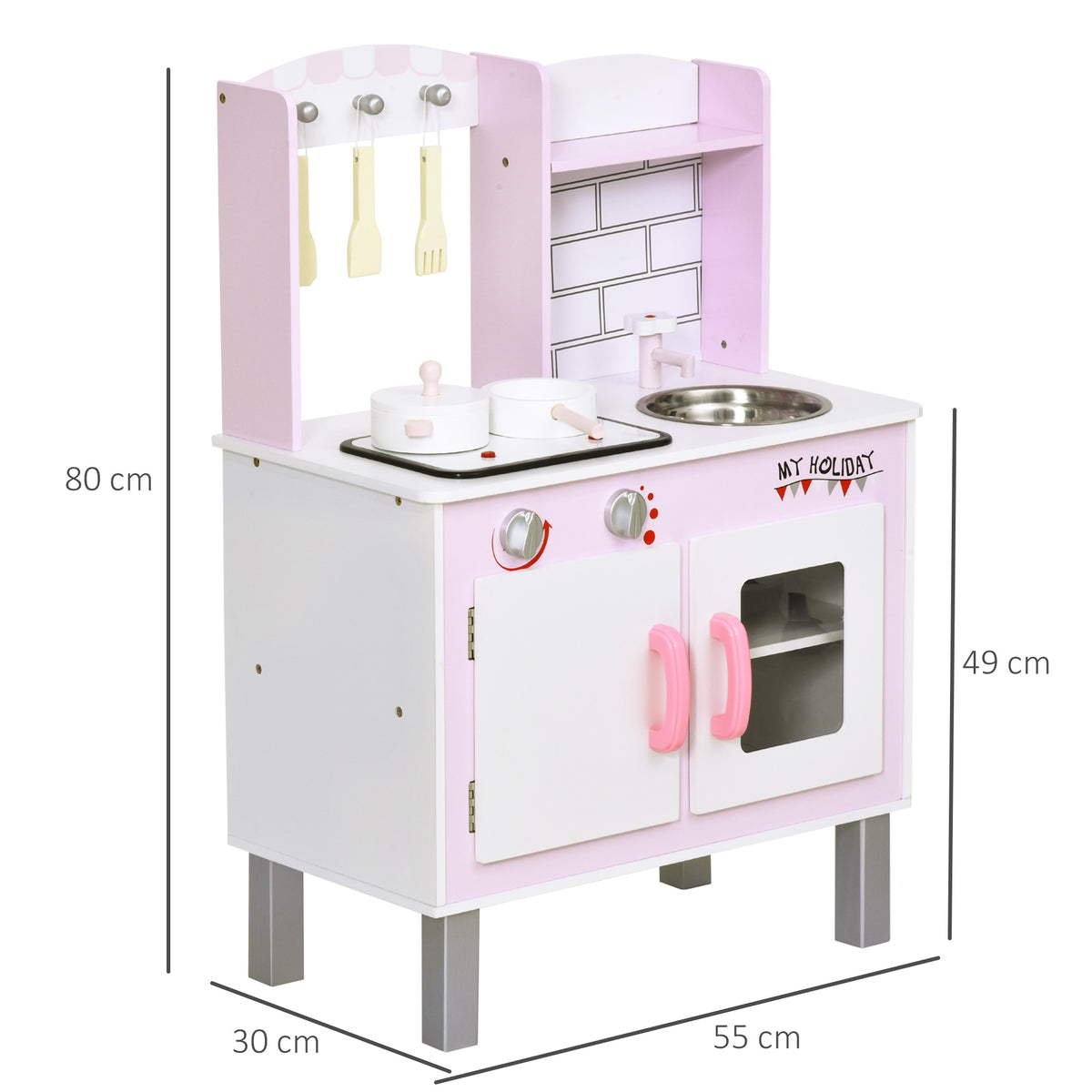 Pink kids' play kitchen with stove, sink, oven, hanging utensils, and labeled dimensions