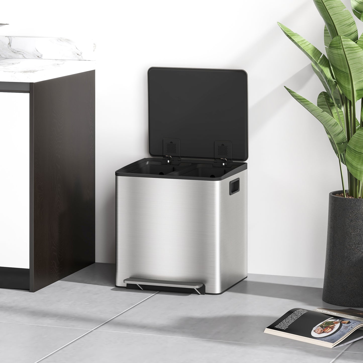 HOMCOM 30L Dual Compartment Stainless Steel Bin, with Deodoriser Holders - Silver Tone