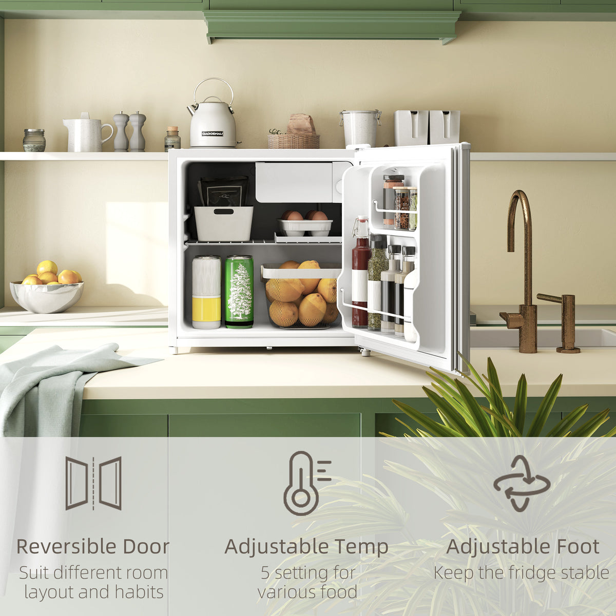 Open countertop fridge with reversible door, adjustable temperature and adjustable feet