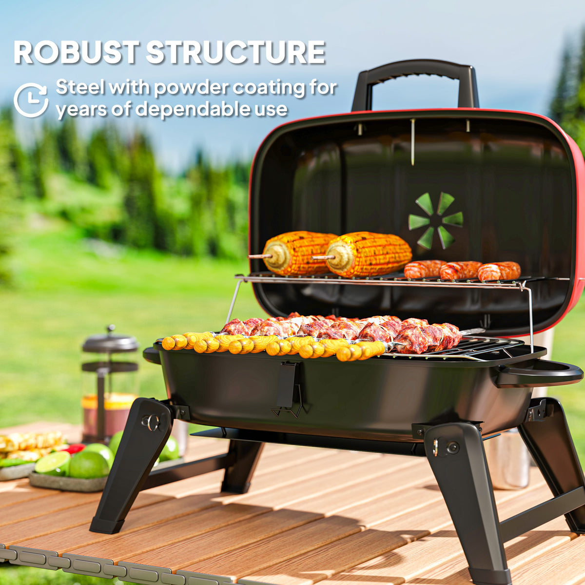 Outsunny Charcoal Barbecue Grill Folding Portable BBQ Grill for Camping with 1232 cm² Cooking Area, Adjustable Vent, Thermometer, Handles for Picnic, 59 x 37 x 36 cm, Red