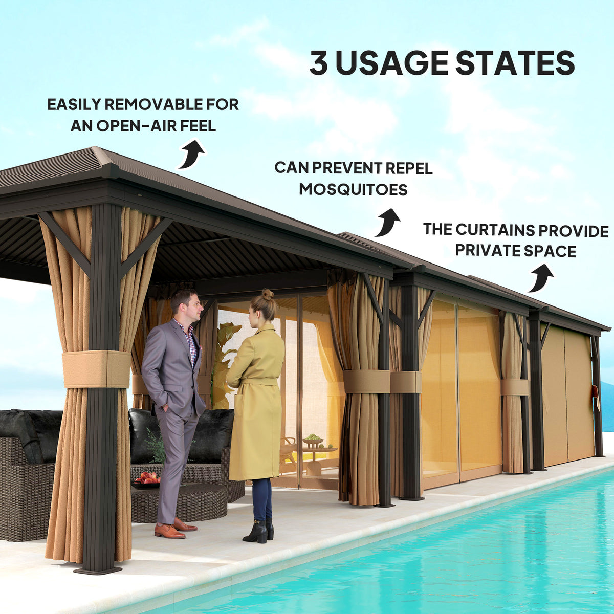 Hardtop gazebo with curtains shown open, partly closed and closed for privacy