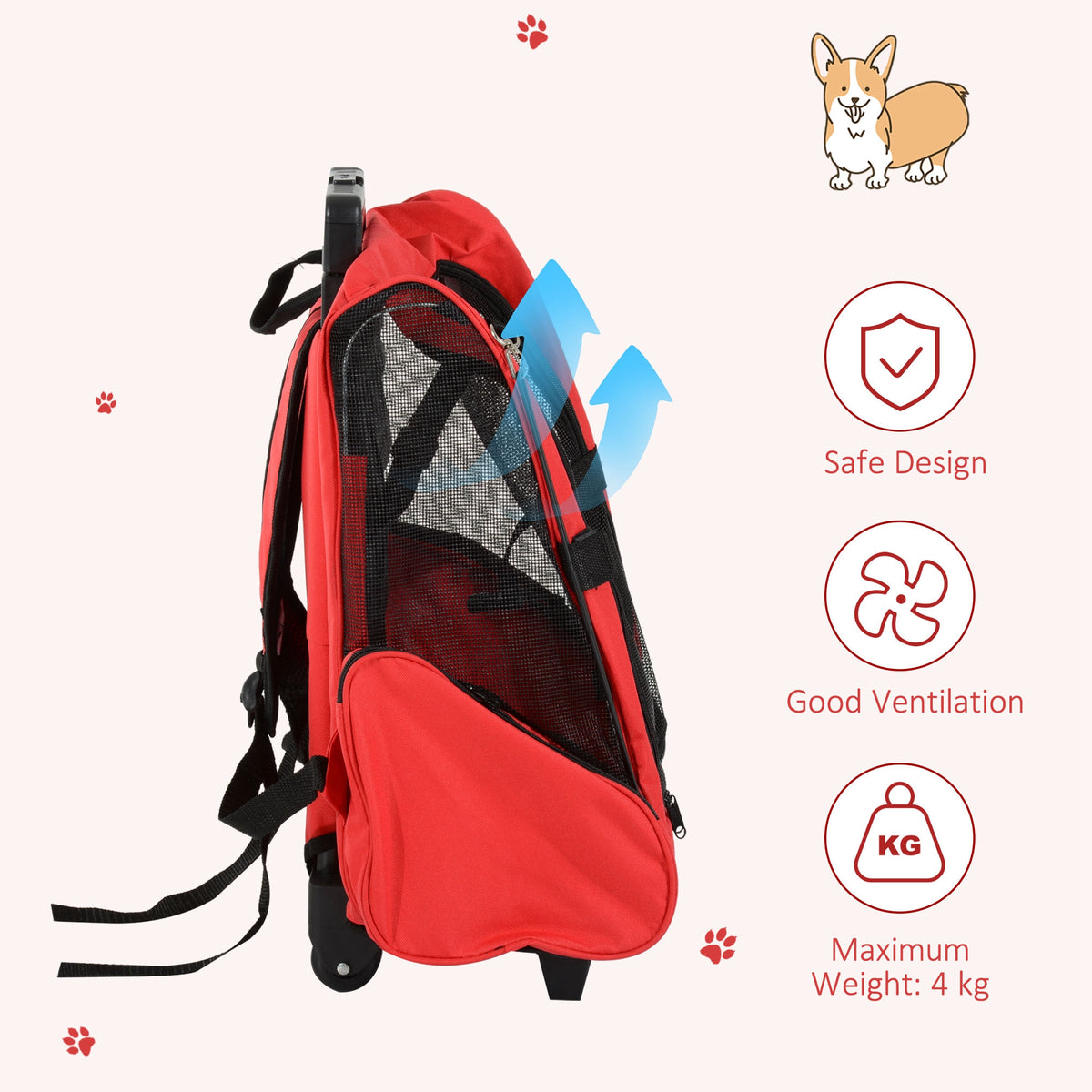 PawHut 2 in 1 Dog Backpack and Trolley, Pet Travel Backpack Cat Dog Carrier with Telescopic Handle, Portable Pet Stroller Wheel Luggage Bag (Red)