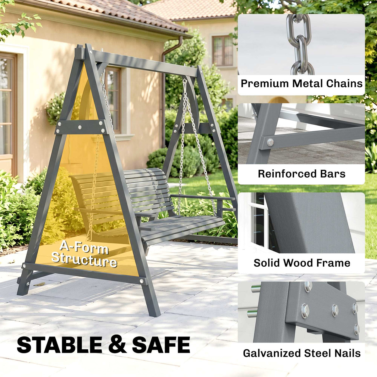 Outsunny gray wooden garden swing bench with A-frame, hanging chains, and reinforced joints