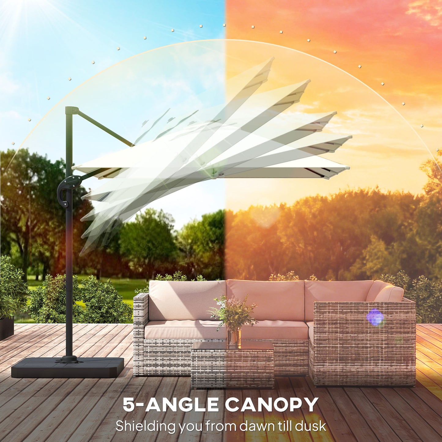 Outsunny 2.4 x 2.4m Cantilever Parasol with Umbrella Weights, UPF50+ Offset Outdoor Umbrella w/ Easy Tilt Adjustment, Cream White