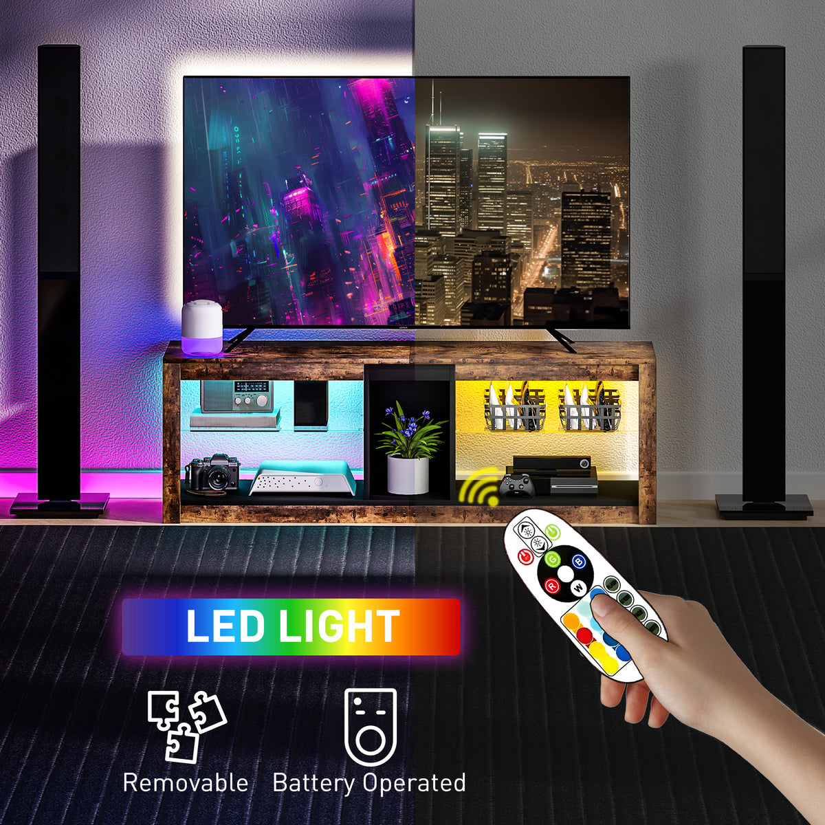 Rustic brown TV stand with open storage shelves and colorful LED lighting
