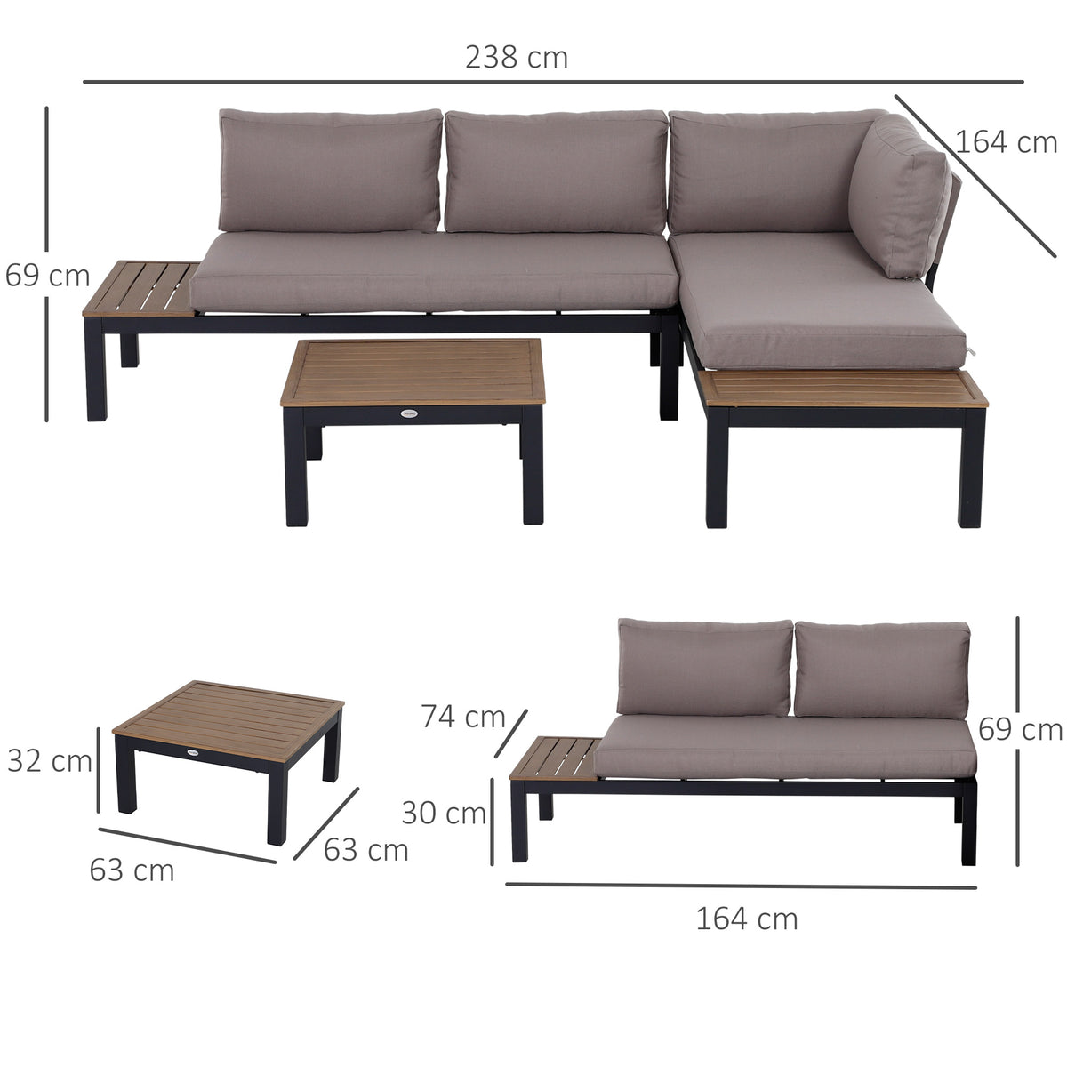 Outsunny corner sofa set and coffee table with dimensions shown