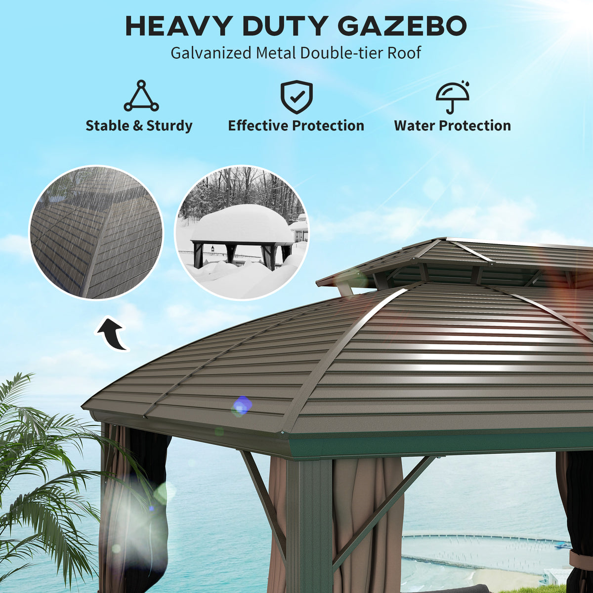 Outsunny gazebo's galvanized metal double-tier roof with sturdy support frame