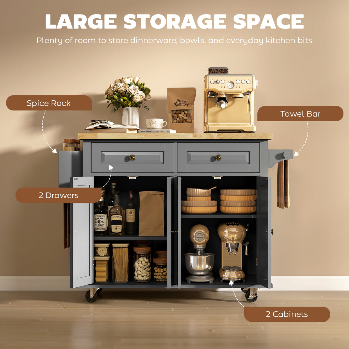 Kitchen island trolley with two drawers, two cabinets, side spice rack and towel bar