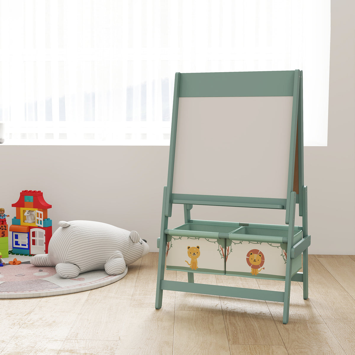 AIYAPLAY Art Easel for Kids, Double-Sided Whiteboard/Blackboard with Paper Roll, Two Storage Boxes, for Ages 3-8 Years, Green