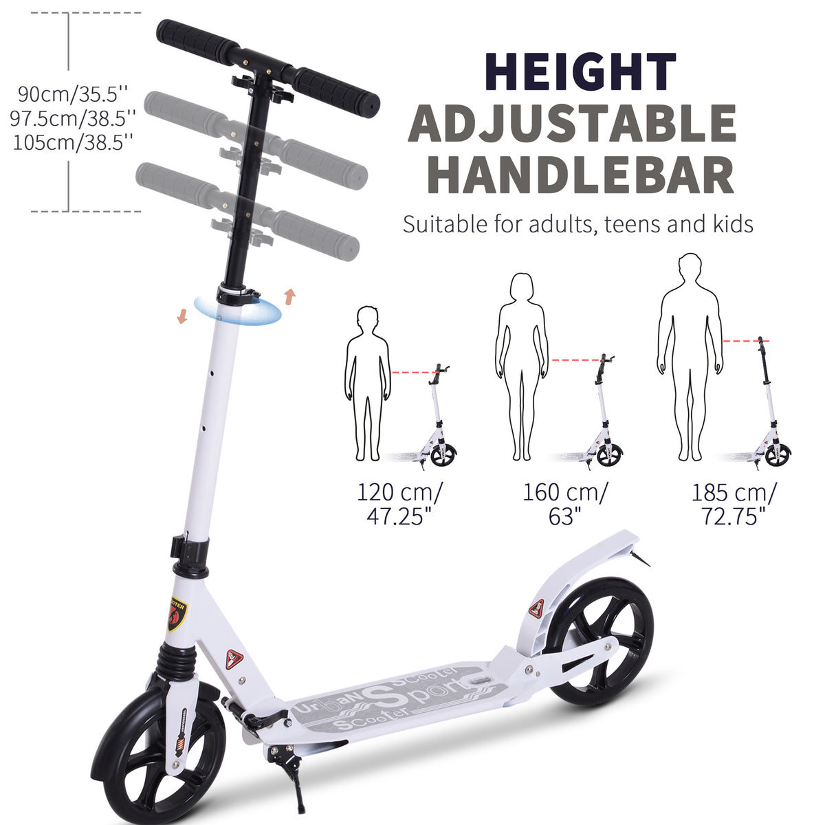 HOMCOM white folding kick scooter with adjustable handlebars and large black wheels
