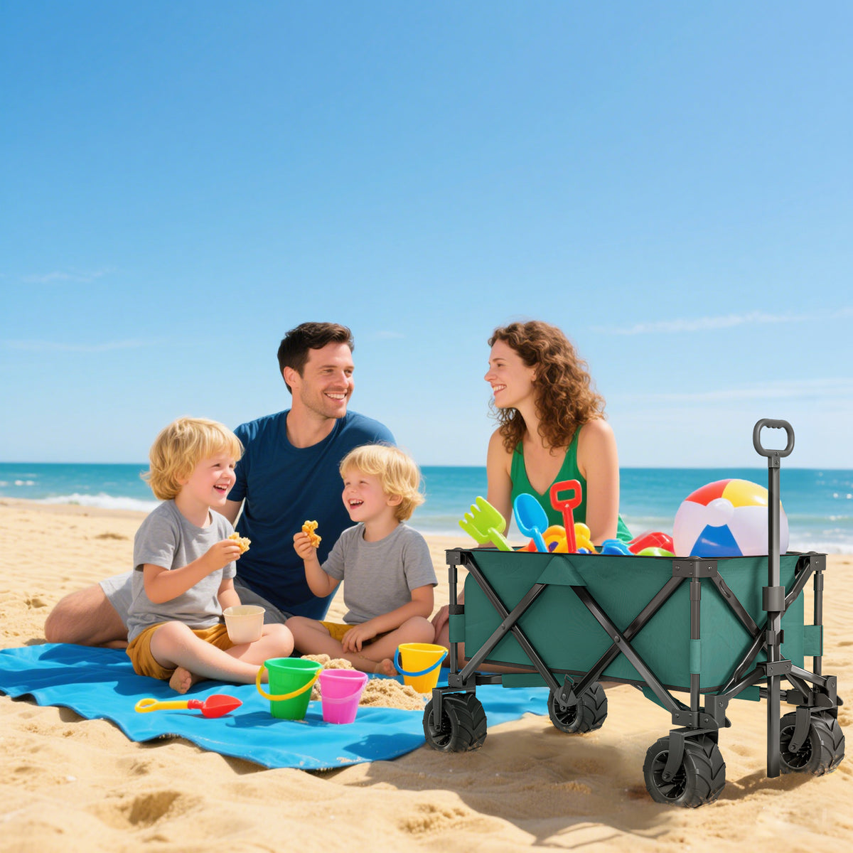 Outsunny 205L Festival Trolley on Wheels, Folding Camping Trolley Cart with Telescopic Handle, Beach Cart with Wide Big Wheels for Outdoor Garden Fishing, Green