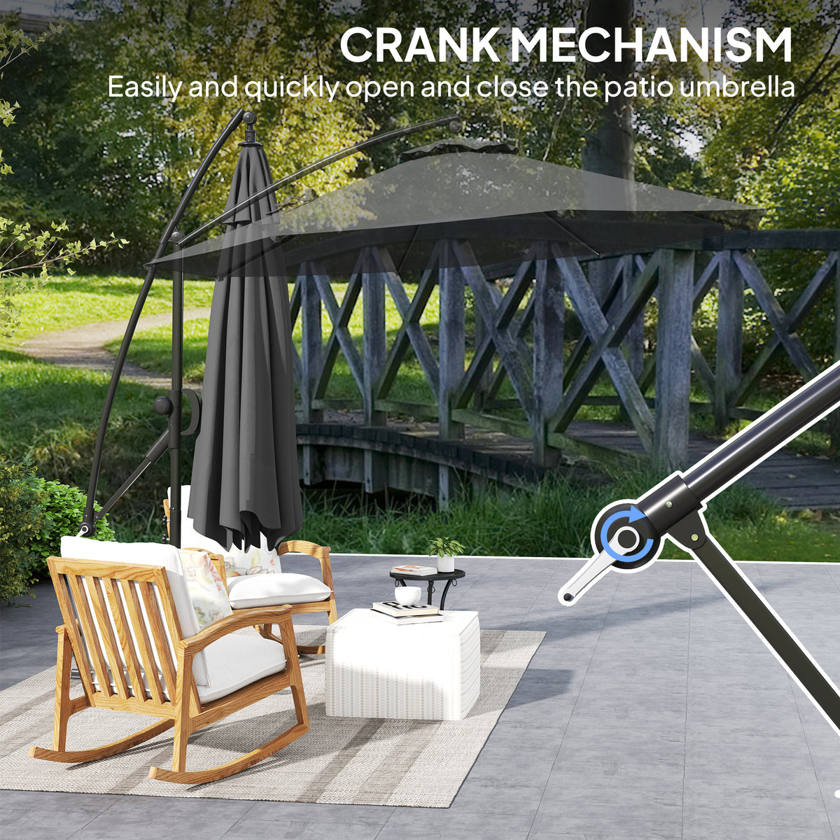 Cantilever patio umbrella with crank mechanism shown open and closed