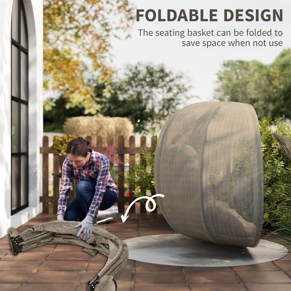 Outsunny hanging egg chair basket shown folded beside its compact stored form