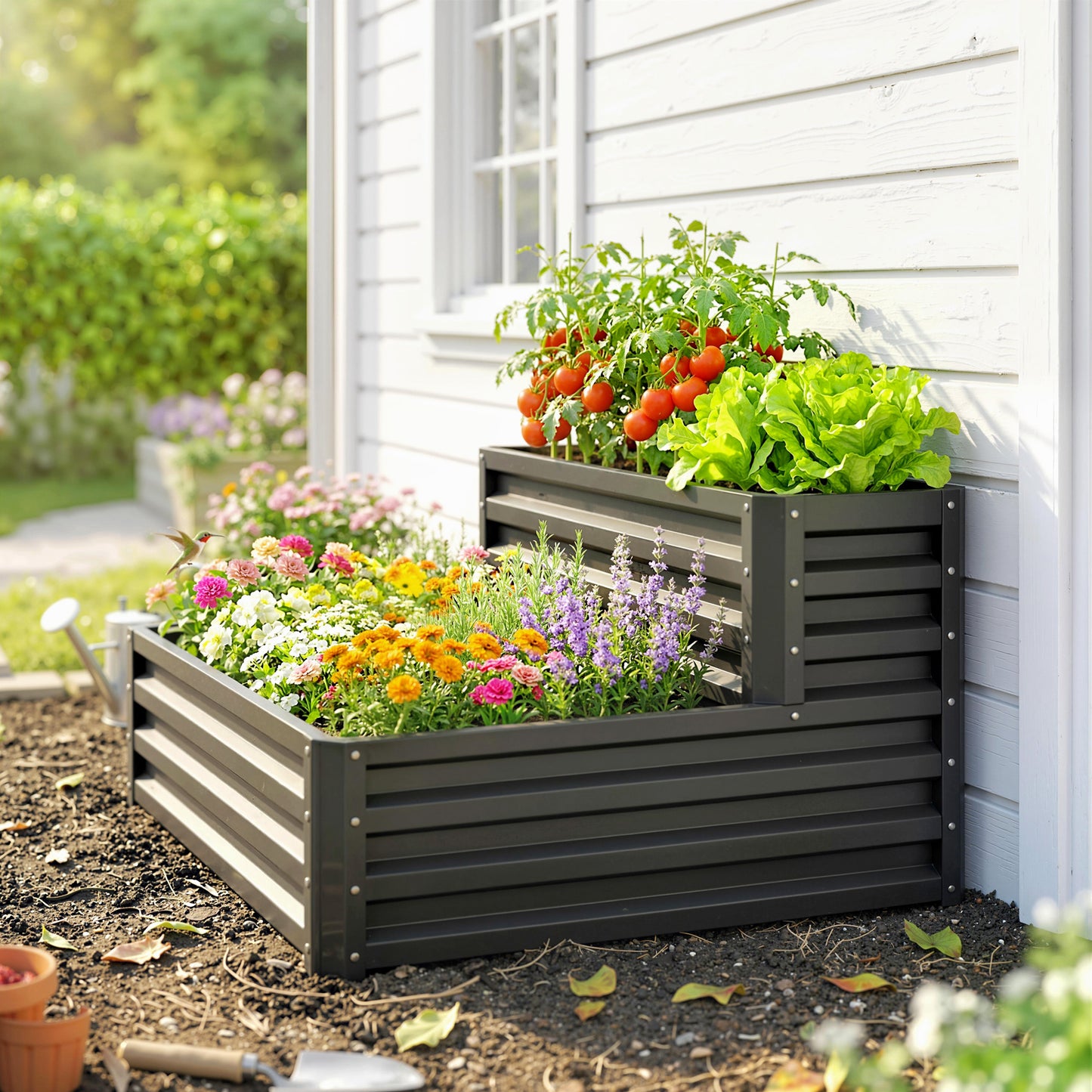 Outsunny 2 Tier Raised Garden Bed, Galvanised Planter Box with Open Bottom for Vegetables Flowers Herbs, 120x101x58cm, Dark Grey