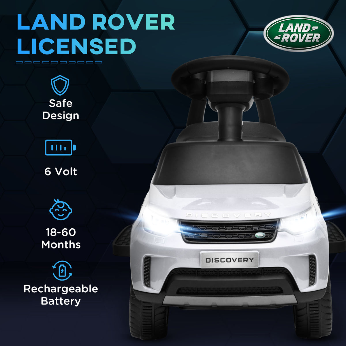 Front view of white Land Rover ride-on car with illuminated headlights