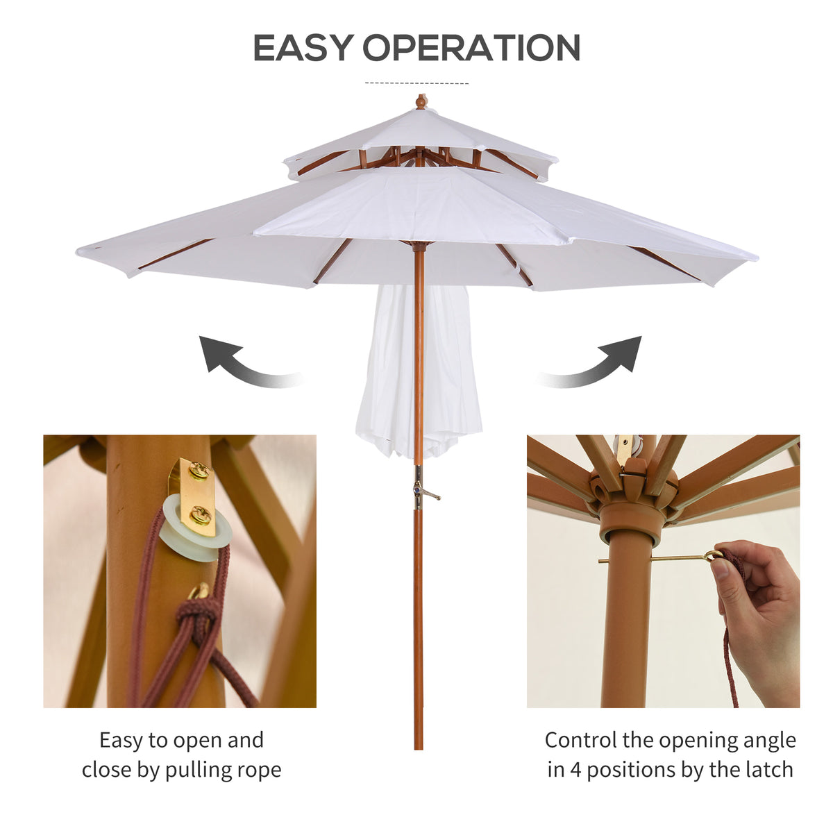 Outsunny double-tier parasol with a wooden frame and pull-rope opening mechanism