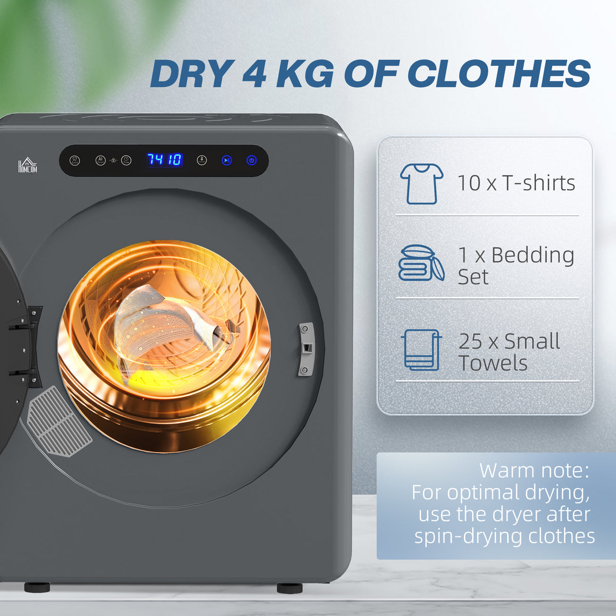 HOMCOM 4kg Compact 40-60℃ Tumble Dryer - Grey