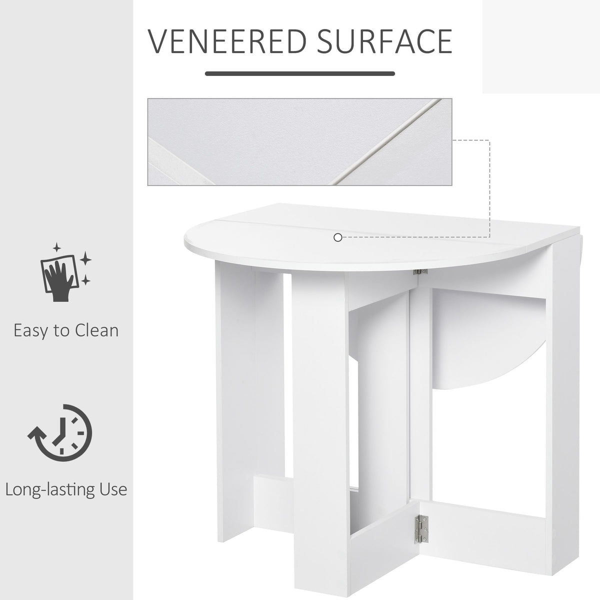 HOMCOM white drop-leaf table with a close-up of its veneered surface