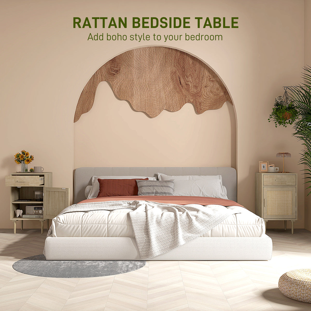 HOMCOM rattan bedside table shown in a bedroom setting beside the bed