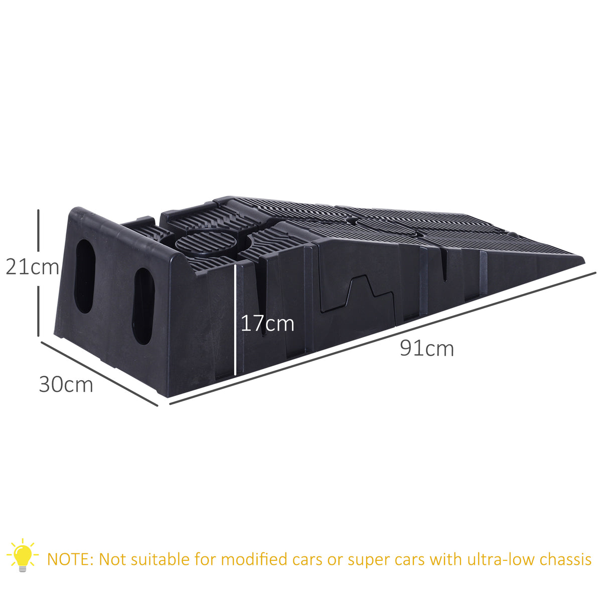 Black plastic car ramp shown with dimensions of 91 by 30 by 21 cm