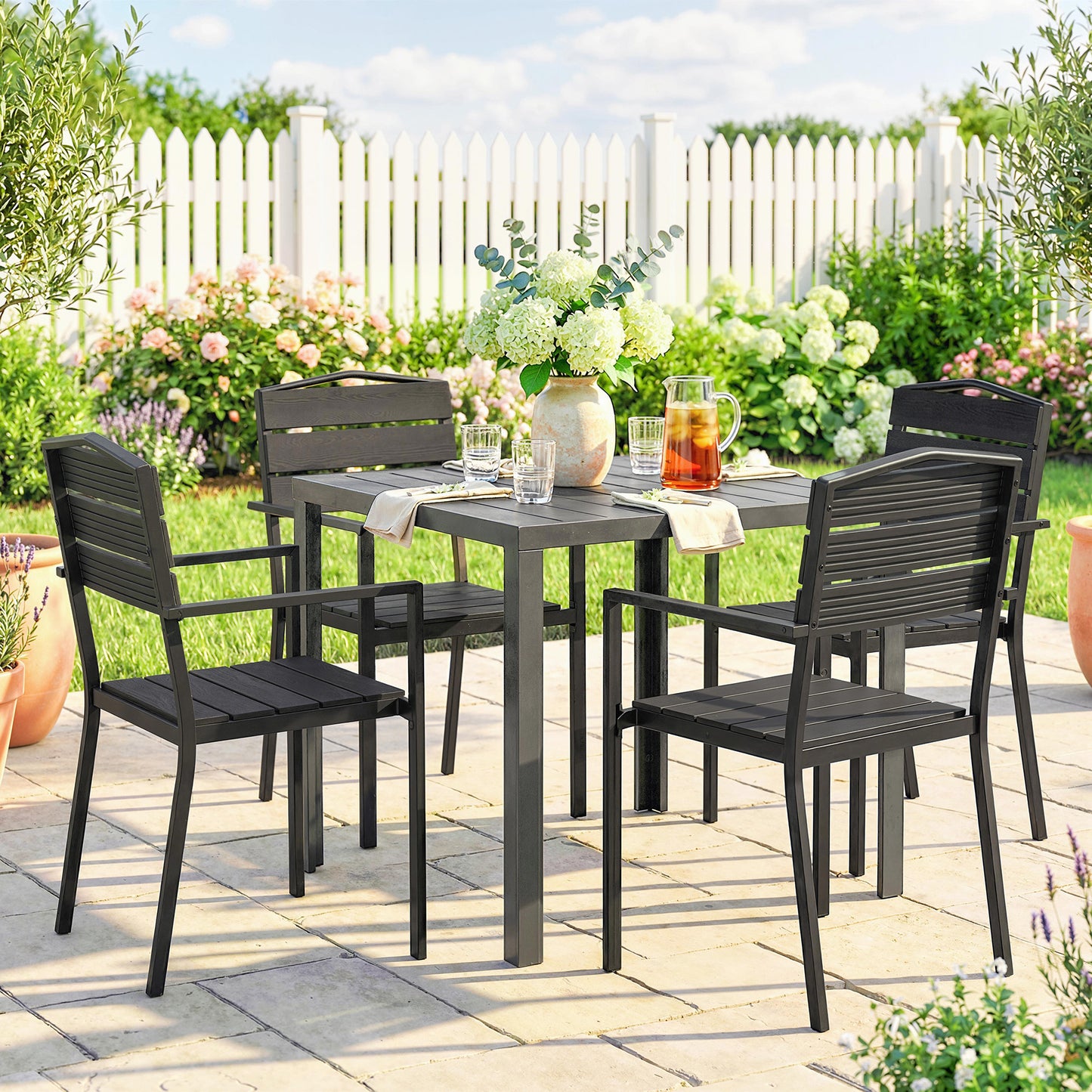 Outsunny Stackable Garden Chairs Set of 4, Garden Dining Chairs with Slatted HDPE Seat Back, Armrests, Metal Frame, Black