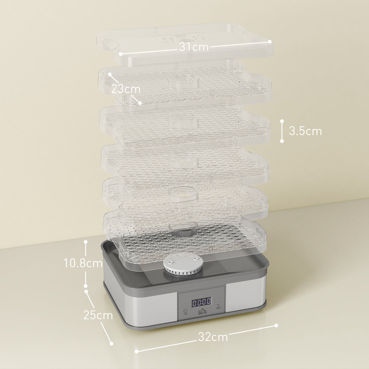 HOMCOM food dehydrator with five removable clear trays shown stacked above the base