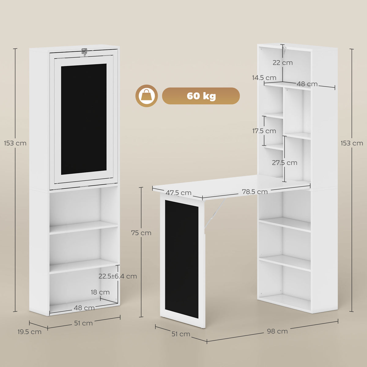 White fold-out desk shown open and closed with dimensions and weight capacity